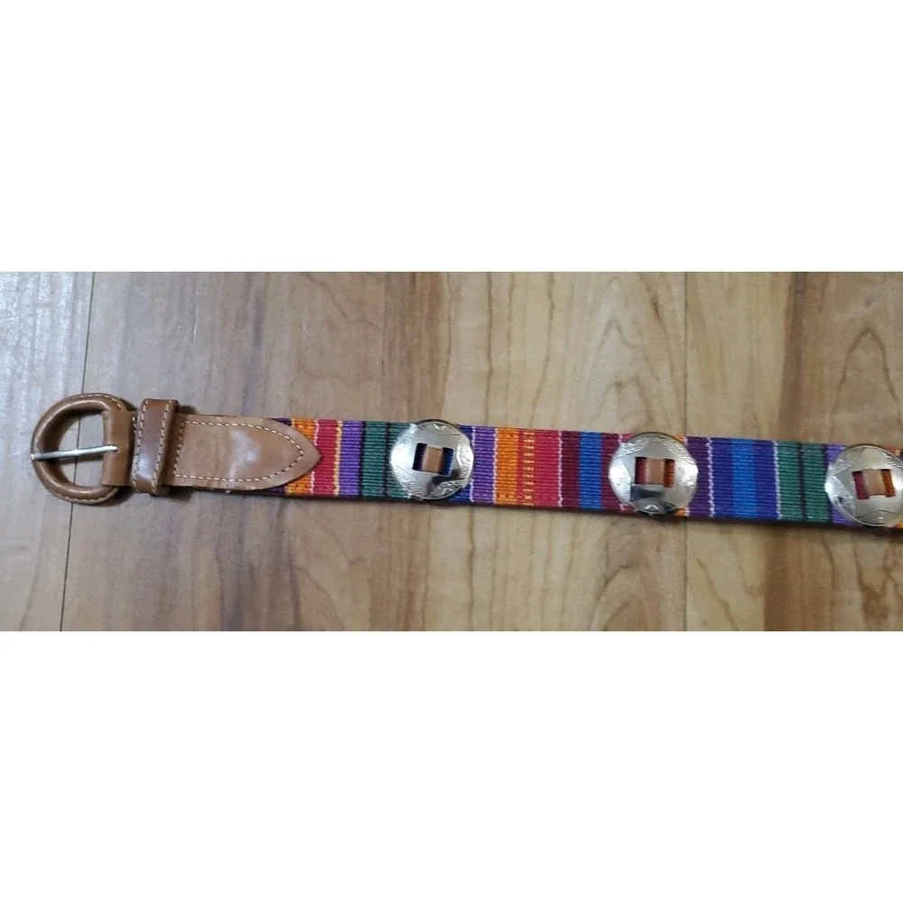 Womens Leather Covered Buckle Guatemala Concho Multicolor Woven Belt Size M/L